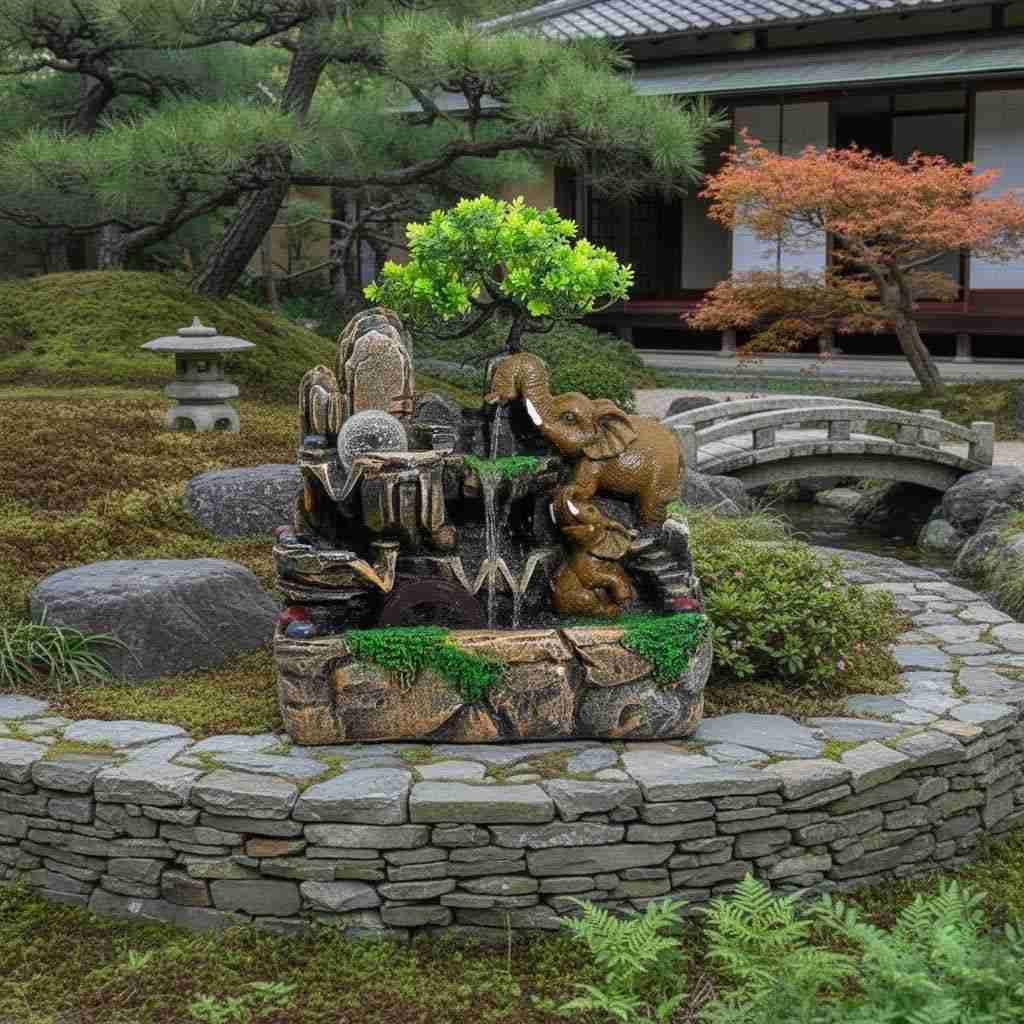 Elephants in Love Tabletop Water Feature with a house and bridge in the background.