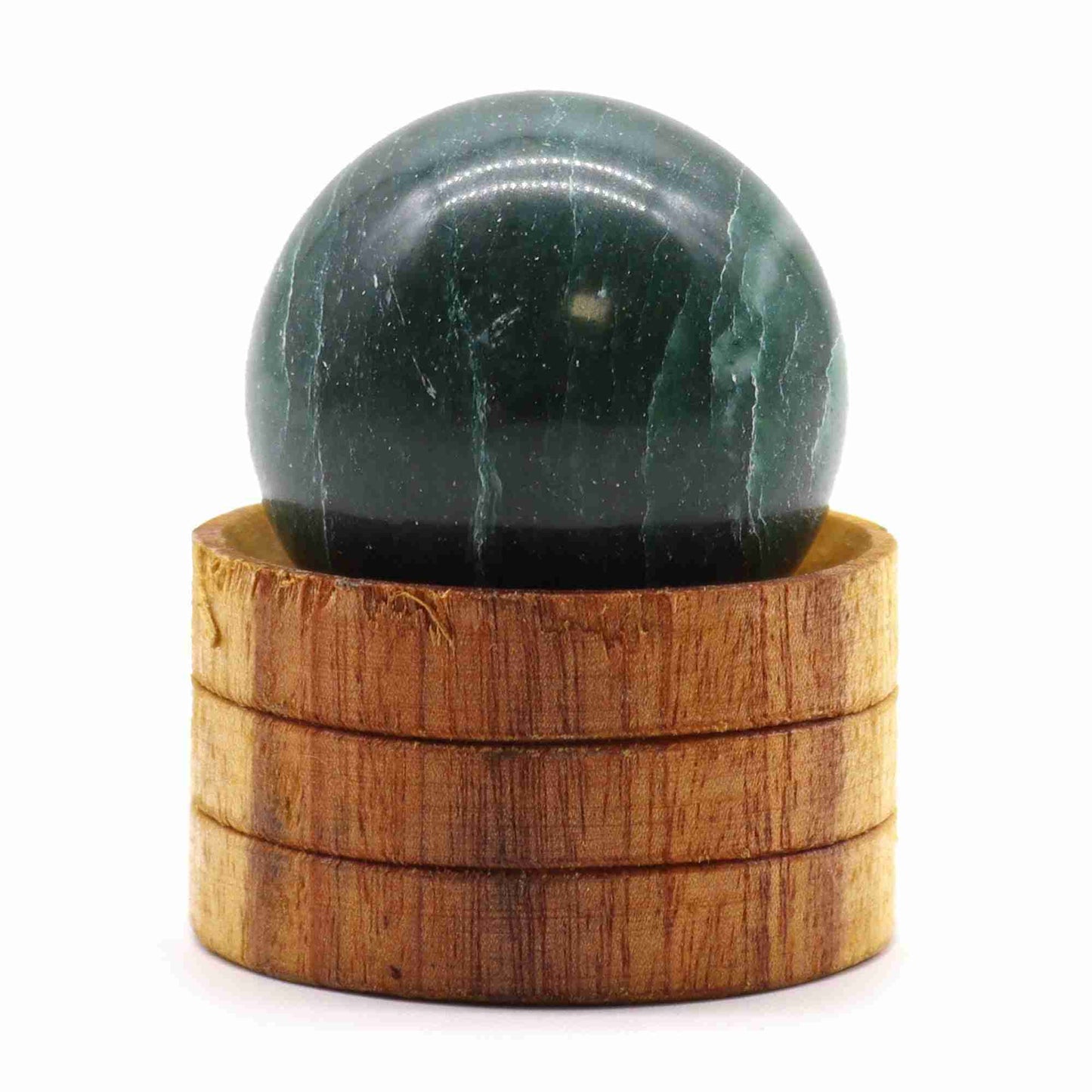 Gemstone Sphere 40mm - Indian Jade with Stand on a white background