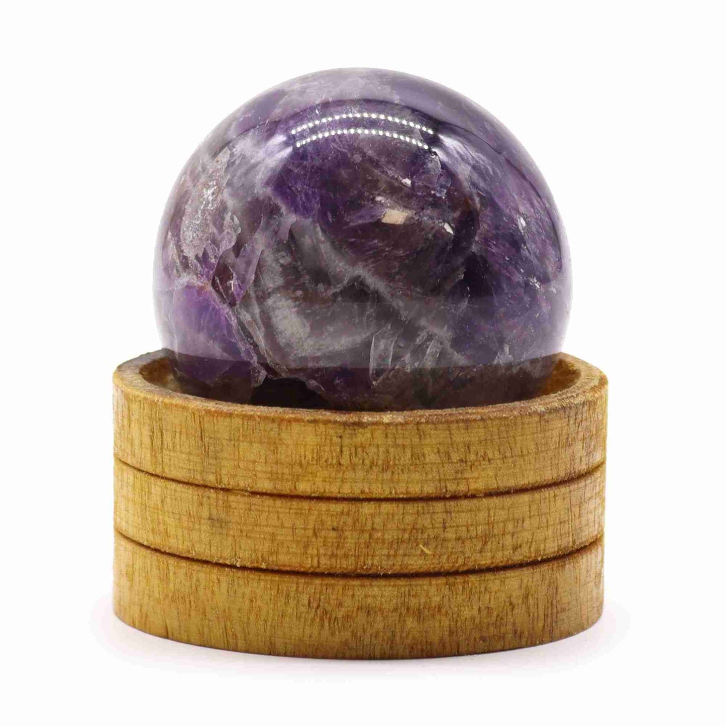 Gemstone Sphere 50mm - African Amethyst with Stand on a white background