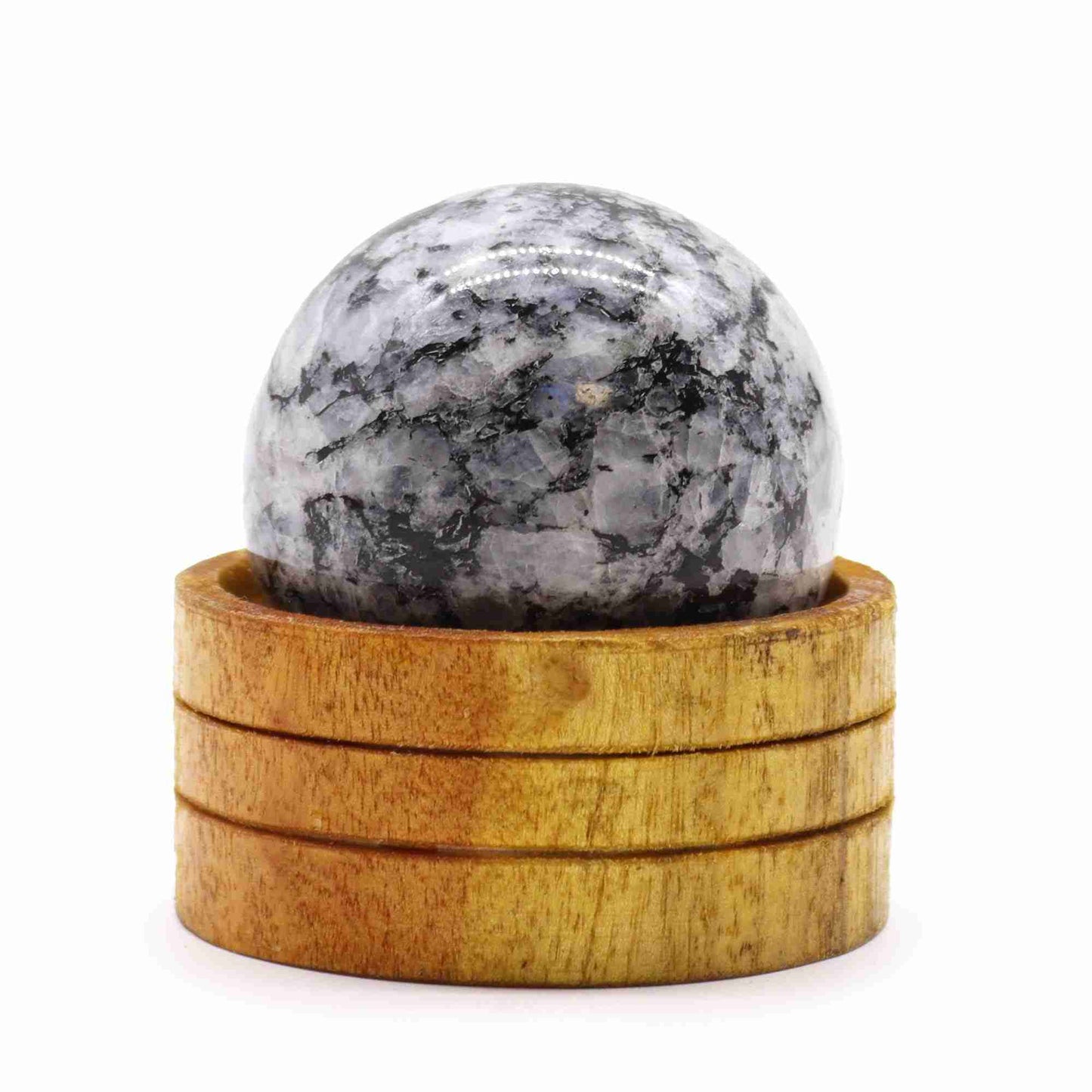 Gemstone Sphere 50mm - Indian Moonstone with Stand on a white background