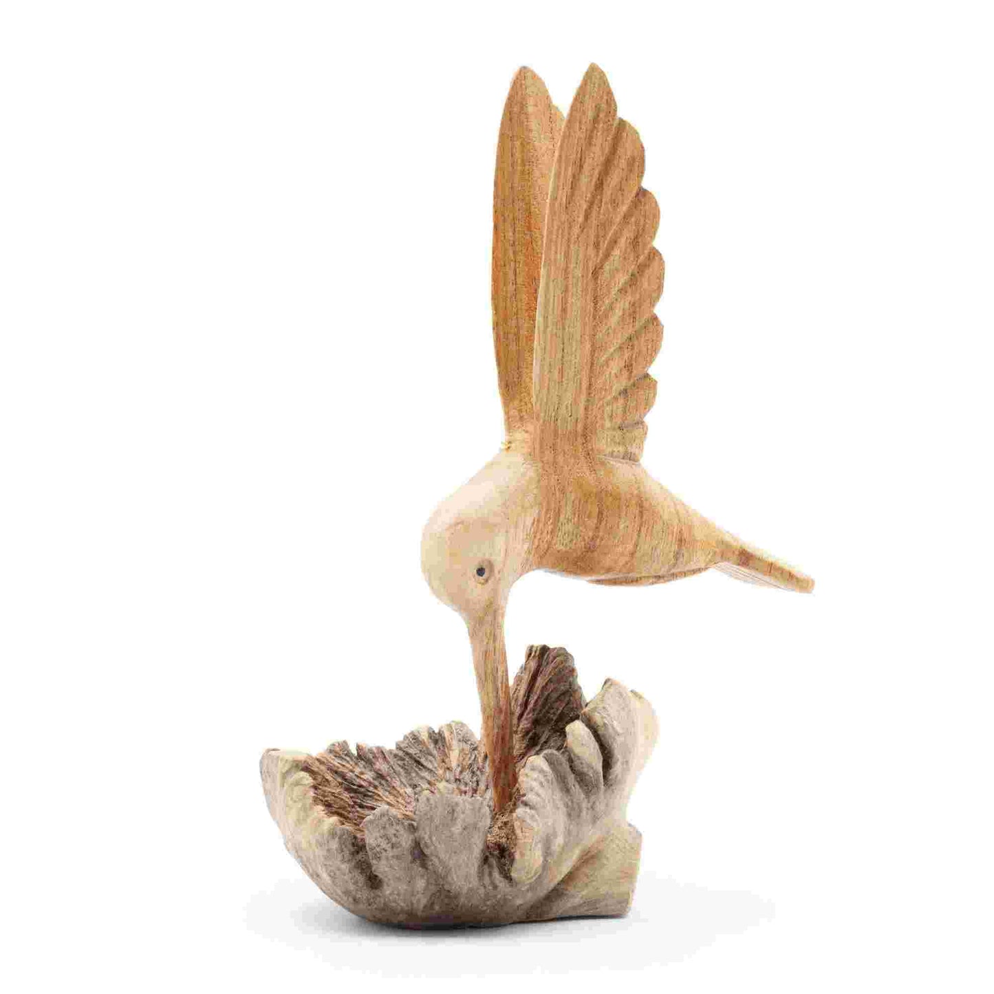 Handmade Parasite Wood Art Carving Nectar Drinking Hummingbird on a white background, side view