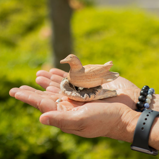 Handmade Parasite Wood Art Carving Wild Duck Resting on a person's hand with a blurred green background