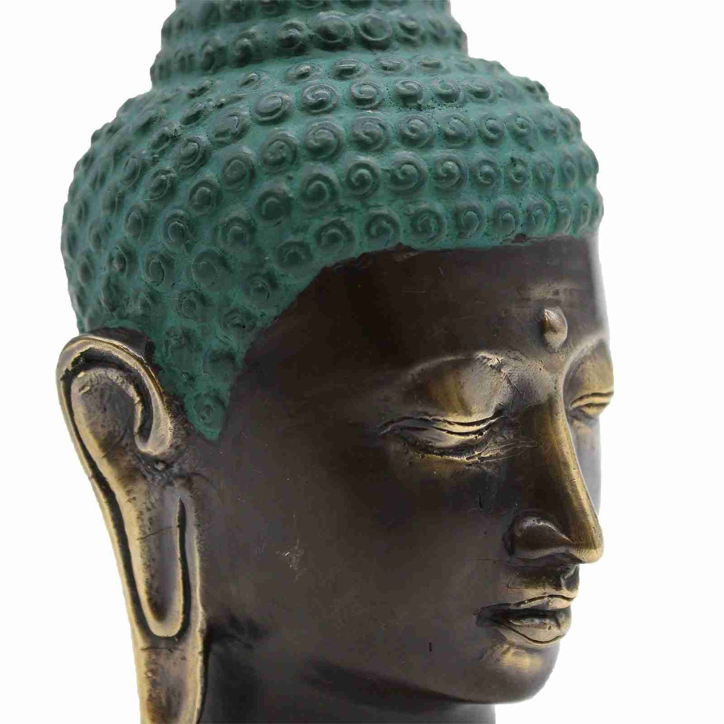Large Antique Brass Buddha Head Figurine Close up view