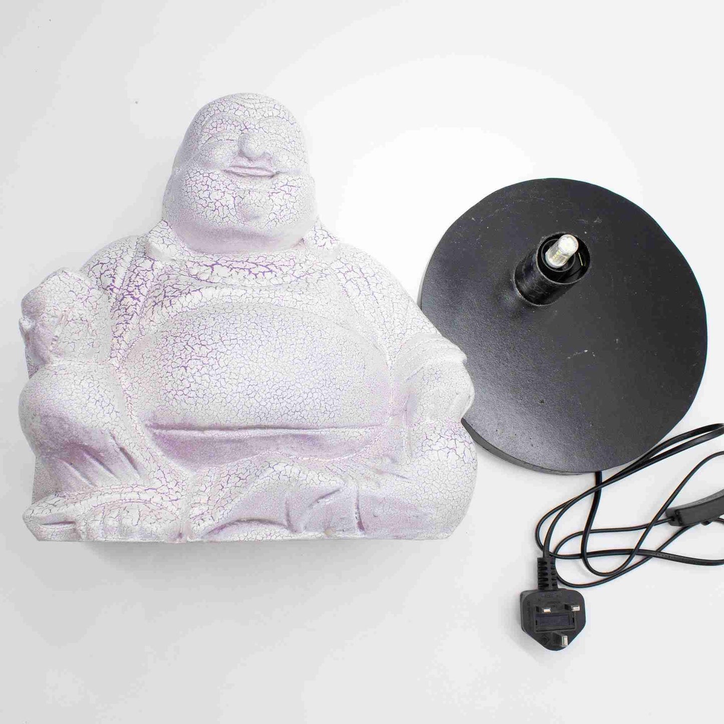 Laughing Buddha Lamp, Lavender Crackle, with a black base and power cord on a white background.