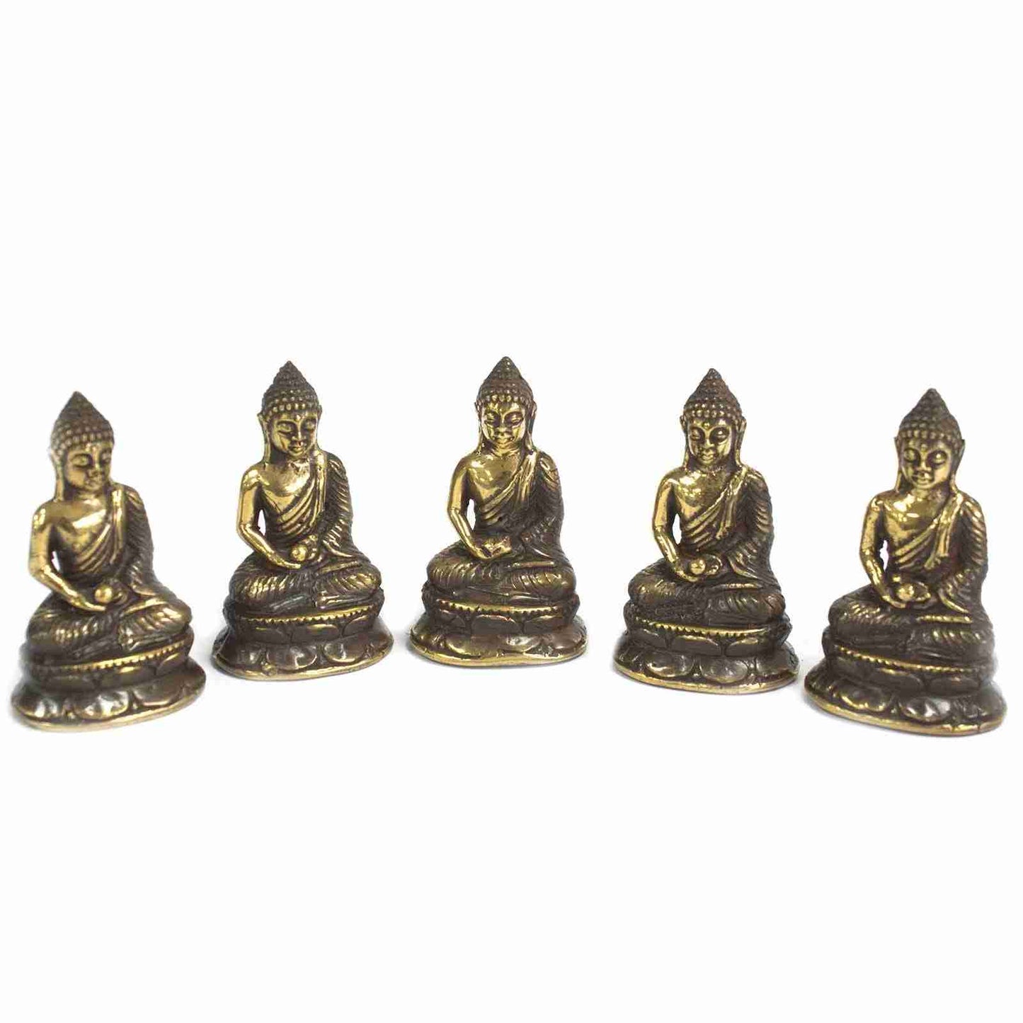 Five small brass Buddha statues on a white background