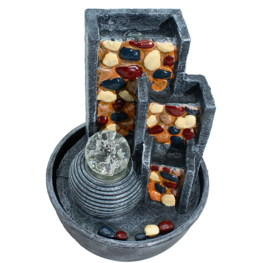 Pebble Wall Tabletop Water Feature with Crystal Ball on a white, top-view background.