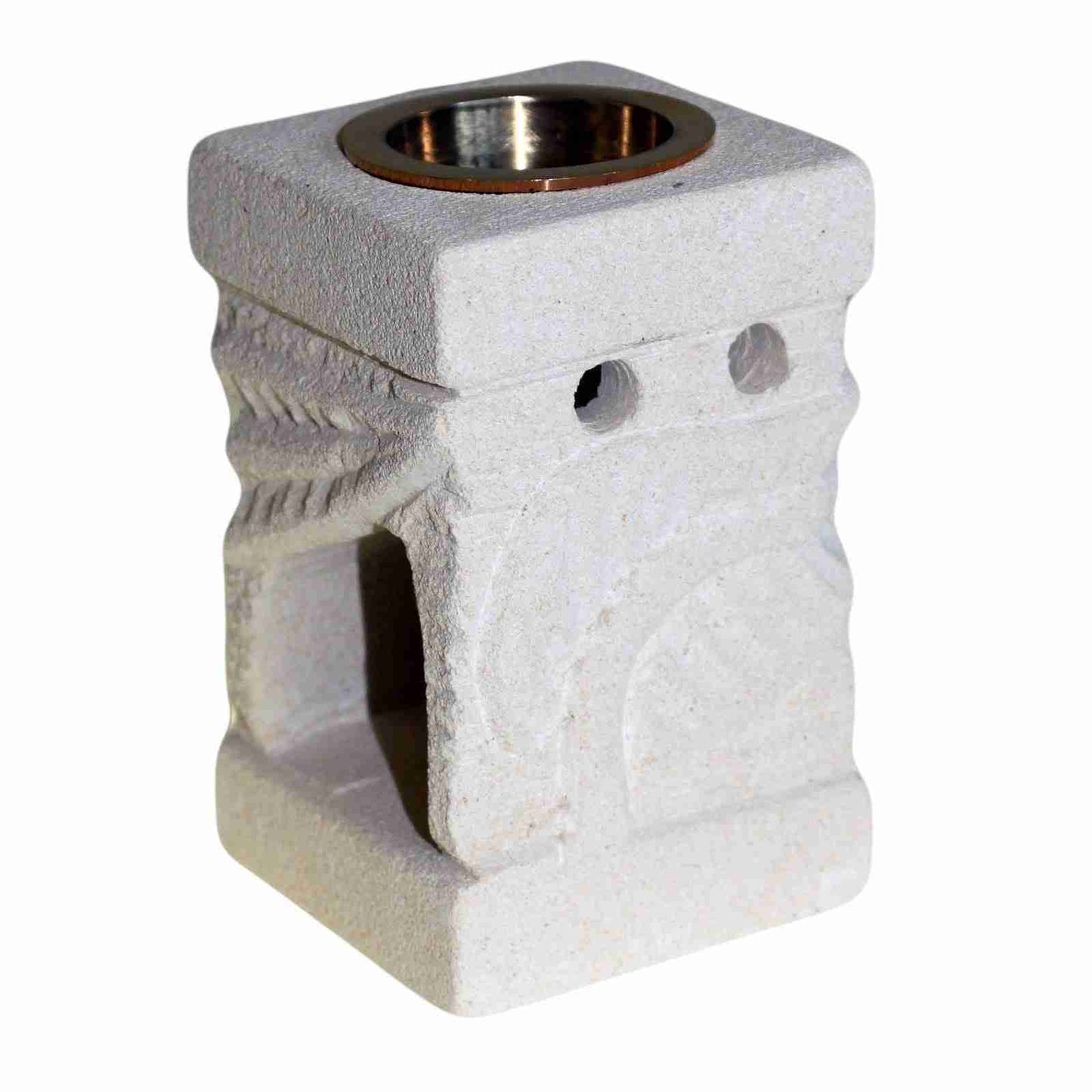 Stone Oil Burner with Carved Leaf pattern on a white background