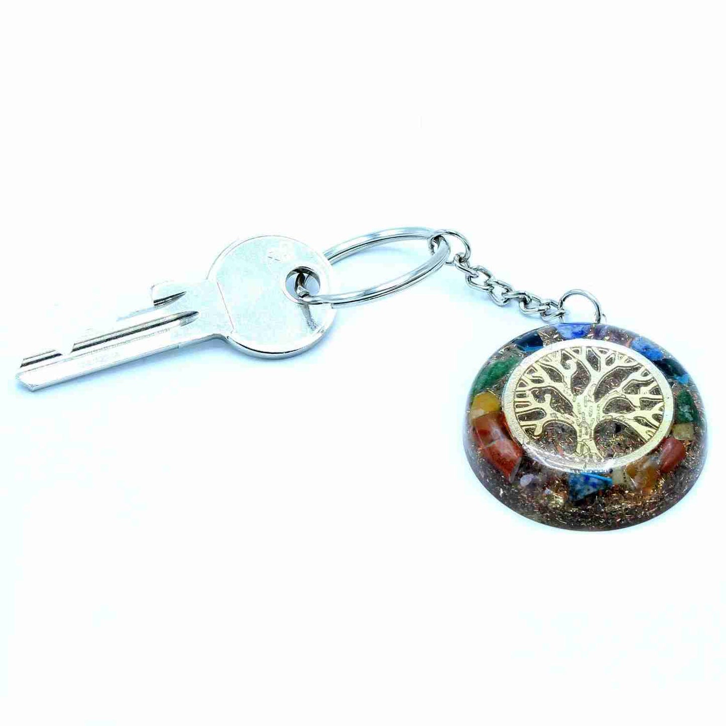 Orgonite Power Keyring - Gemstones Chakra Tree of Life connected to a key on a white background
