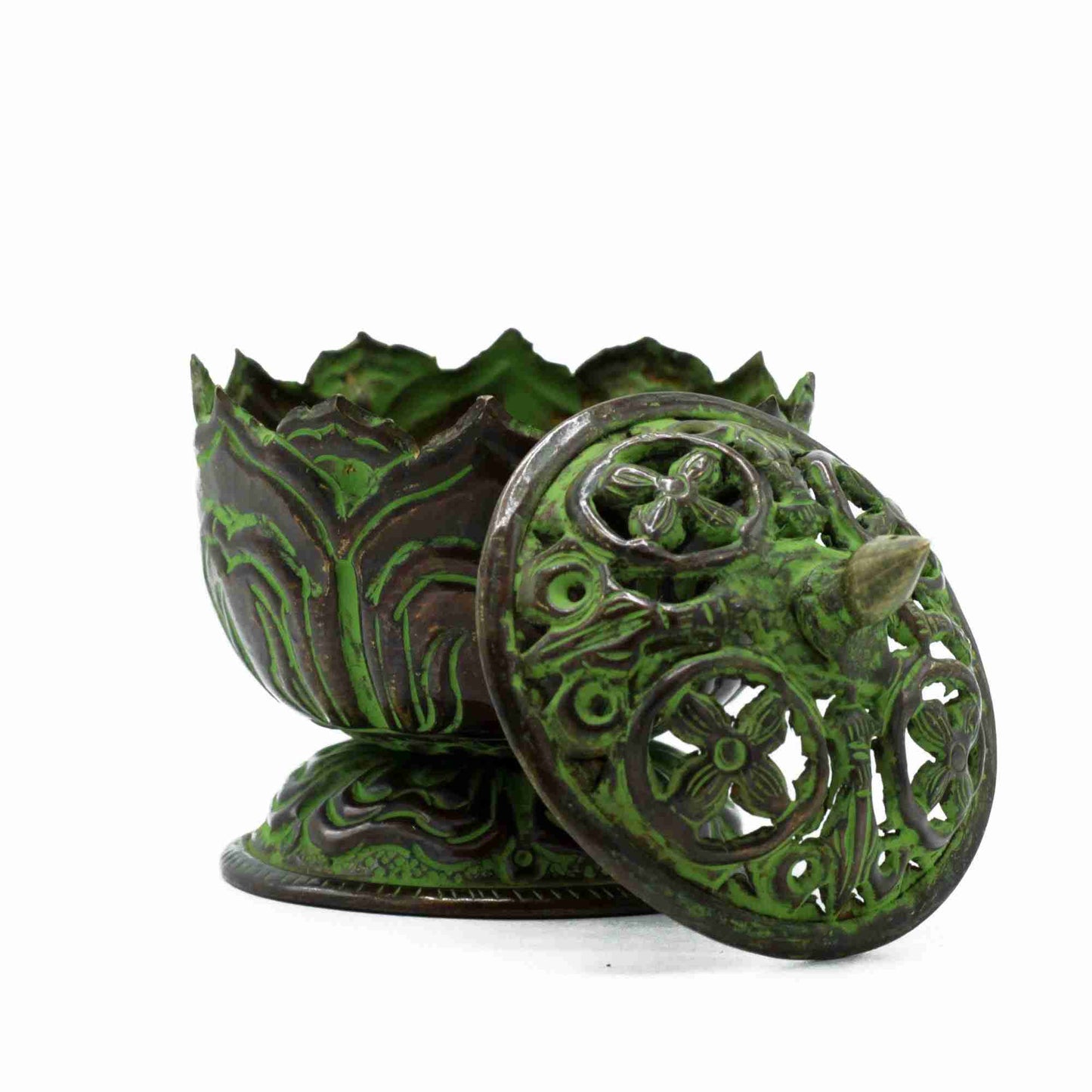 Brass Verdigris Tibetan Incense Burner - Small Lotus with lid removed