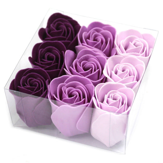 Lavender Roses Soap Flowers - Set of 9 in clear gift box top view