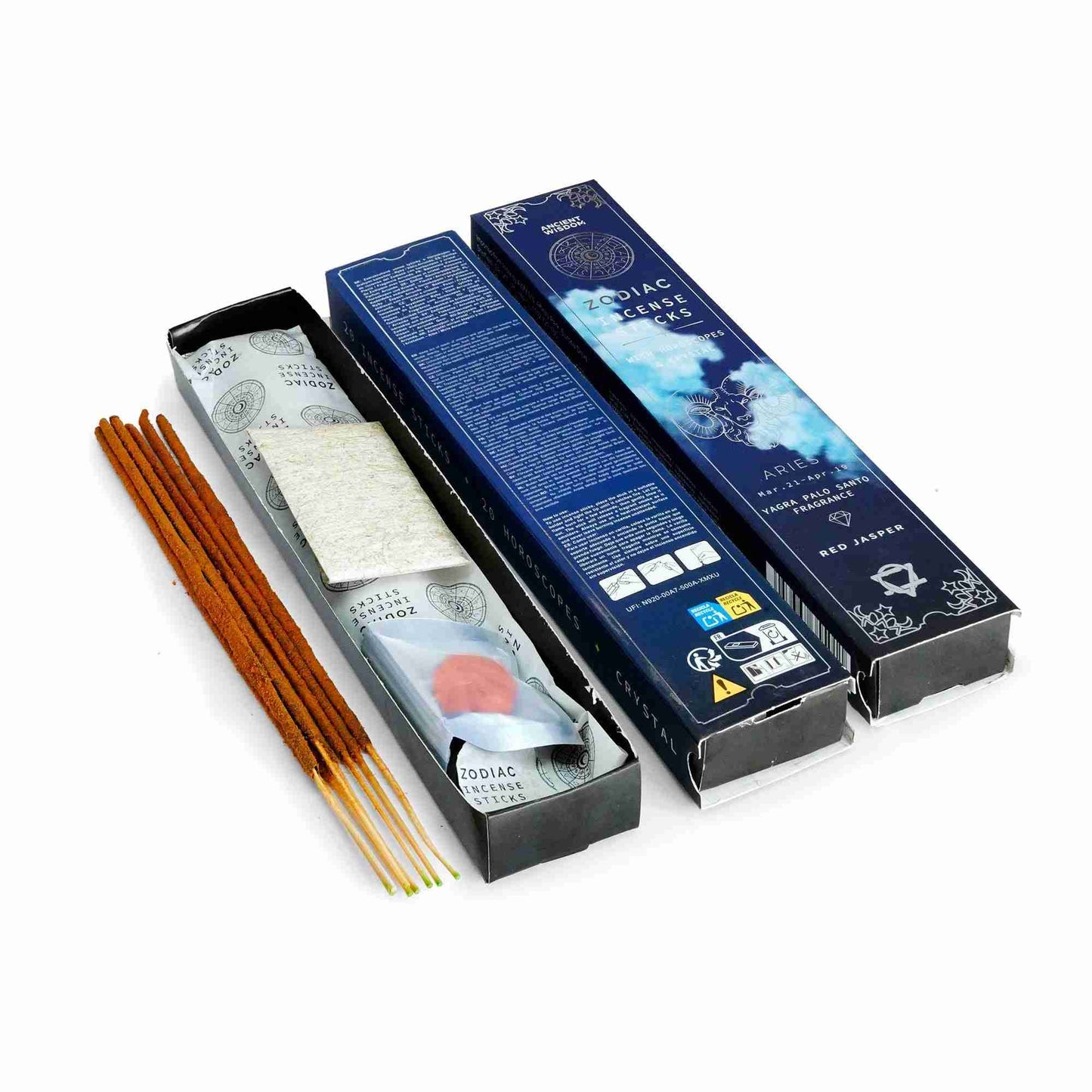 Incense sticks with their packaging on a white background