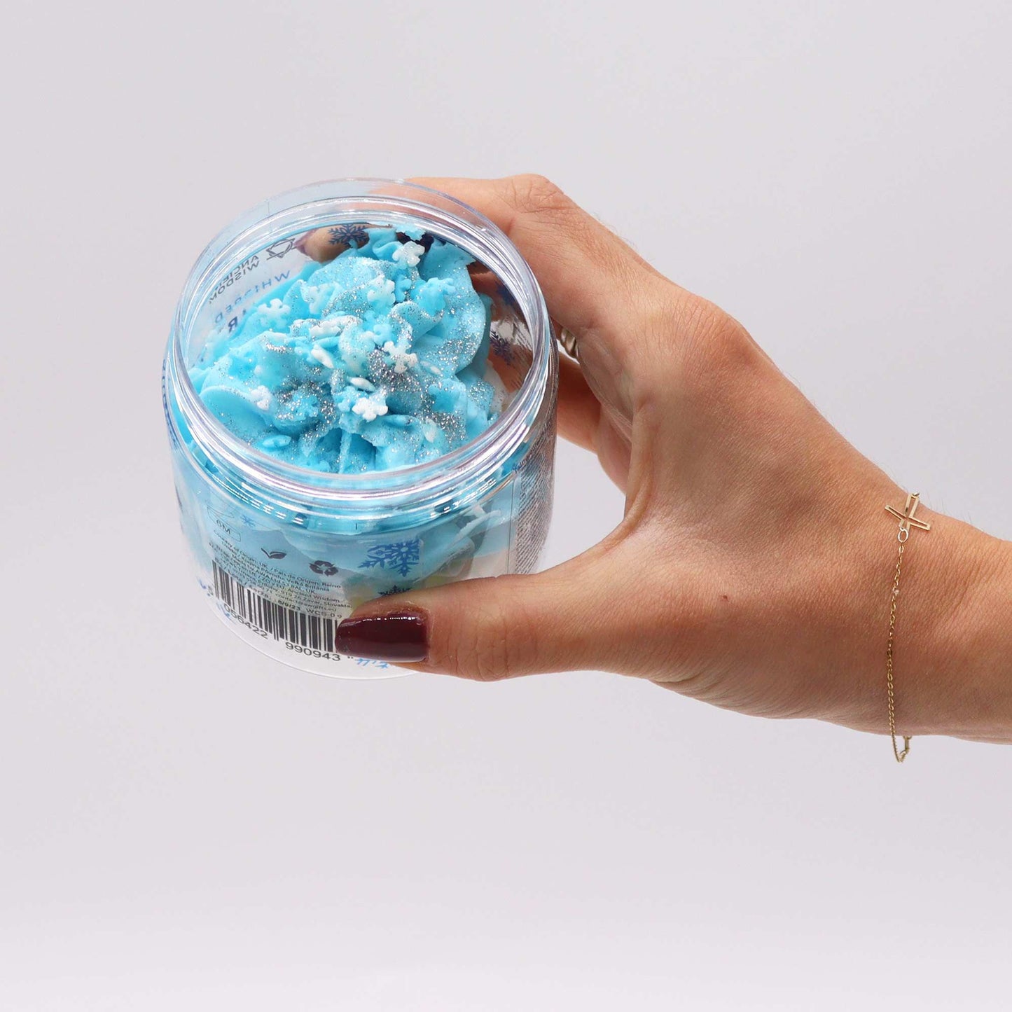 White Christmas Whipped Soap 120g jar held in a hand