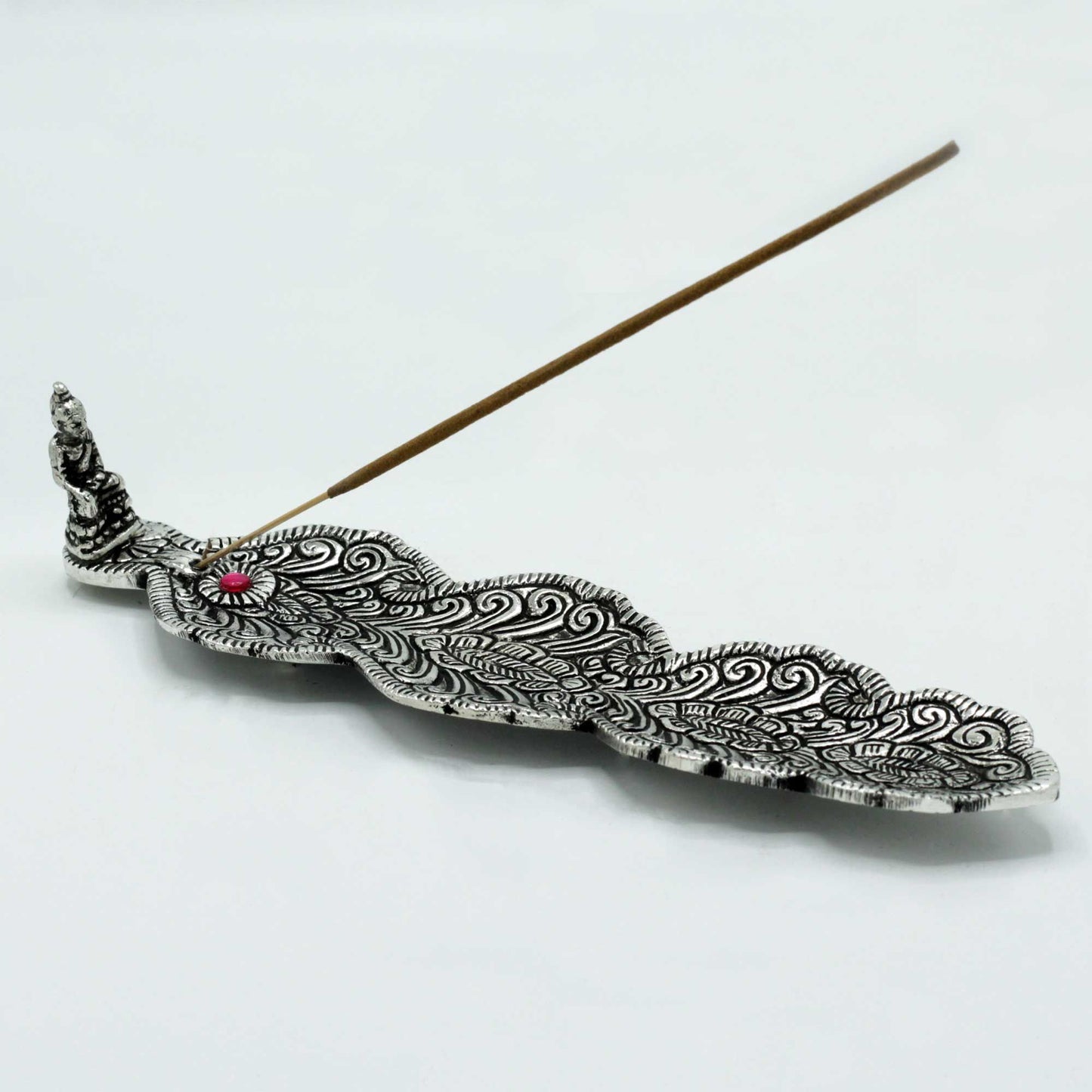 Polished Aluminium Buddha Long Incense Holder with a single incense stick