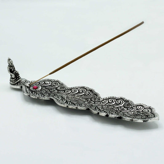 Polished Aluminium Buddha Long Incense Holder with a single incense stick