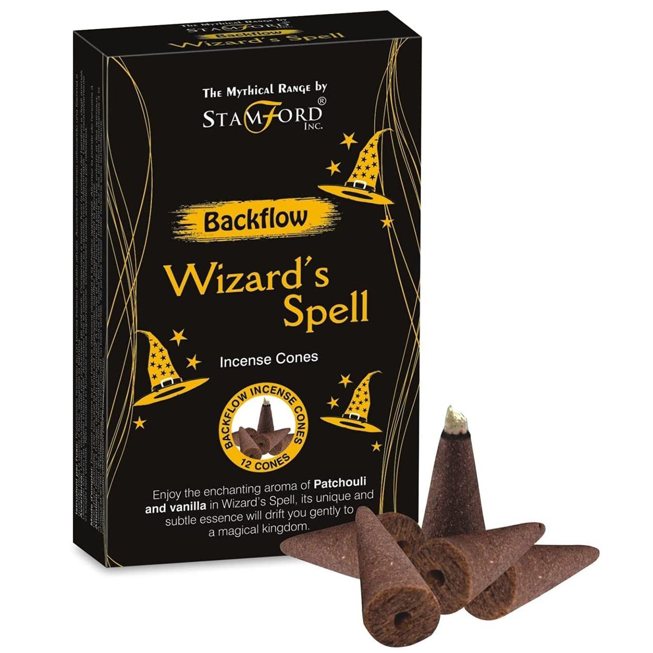 Box of Stamford Backflow Wizard's Spell incense cones with cones displayed in front.