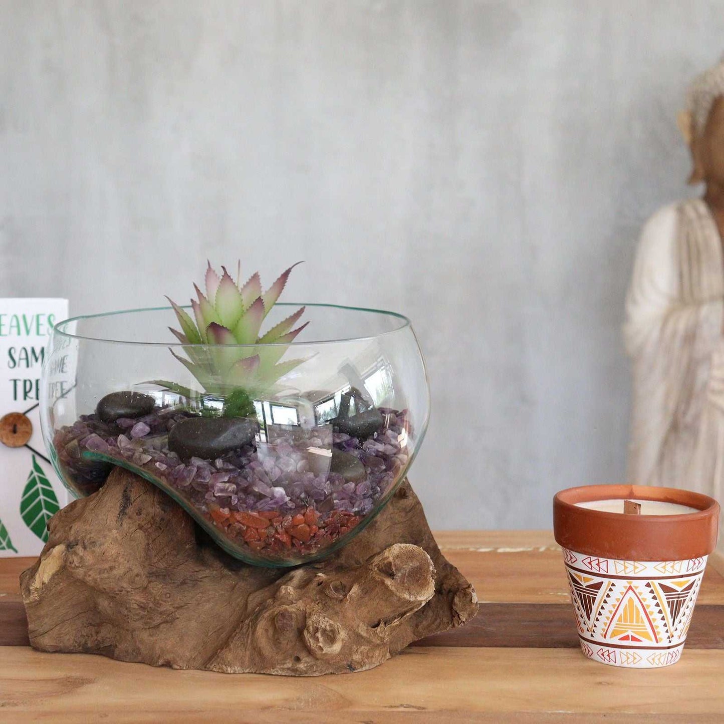 Molten Glass on Wood - Open Large Bowl filled with crystals and a plant on a natural bakground