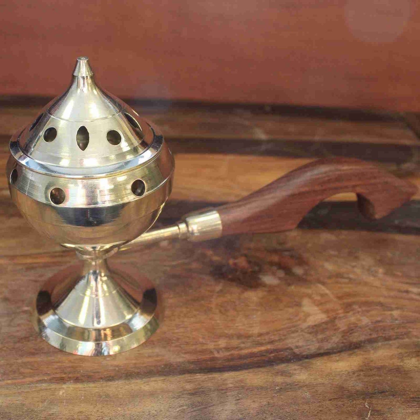 Plain Censer Cone Burner with Handle - Compact Brass Censer on a wooden surface