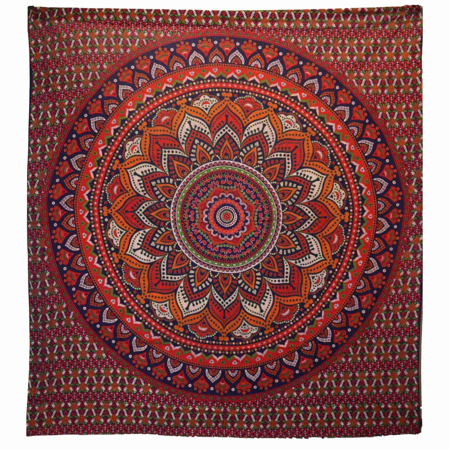 Double Cotton Bedspread / Wall Hanging - Classic Mandala - Orange / Blue on a white background