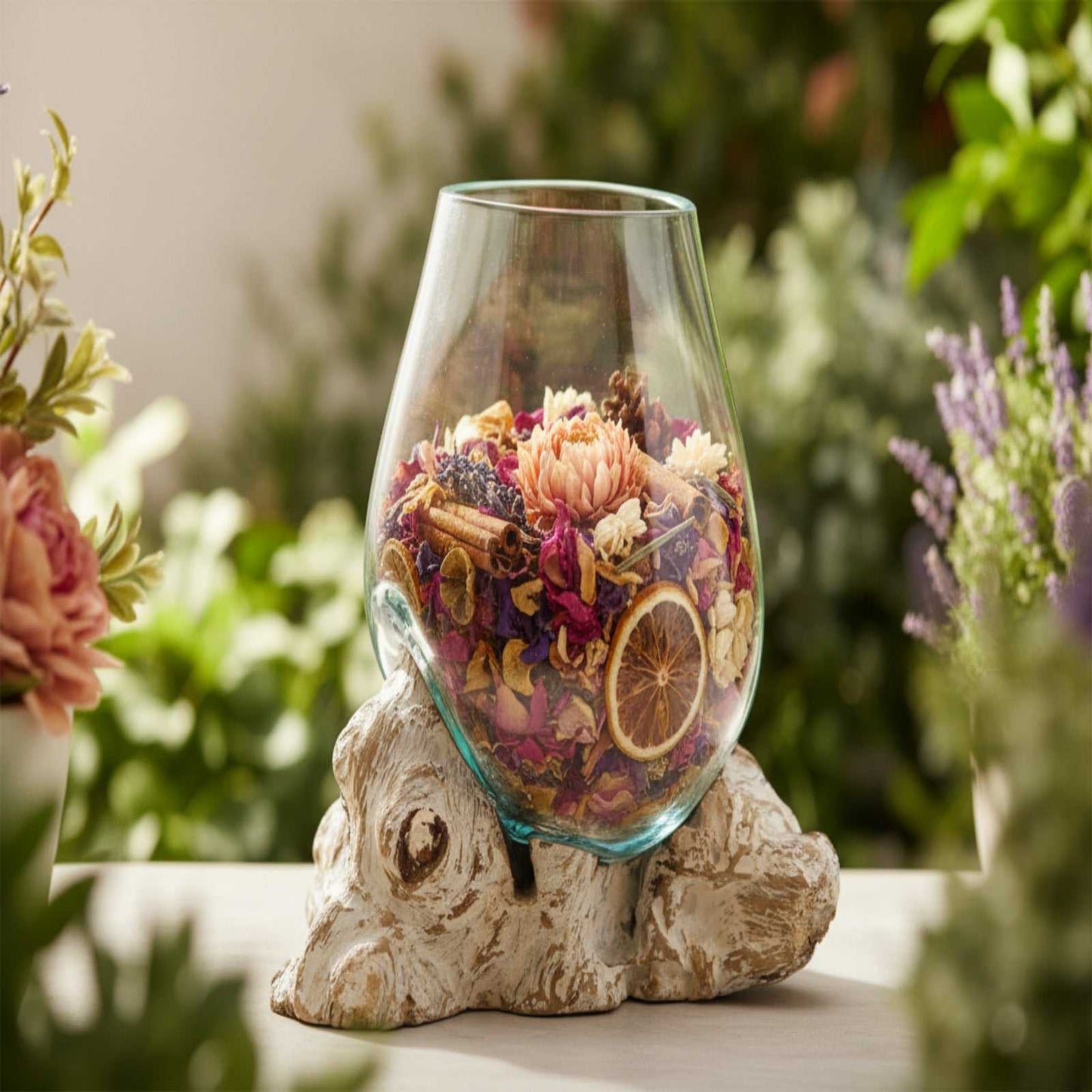 Molten Glass on Whitewash Wood - Large Bowl filled with pot pouri on a natural background