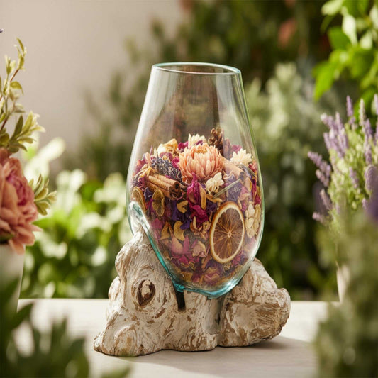 Molten Glass on Whitewash Wood - Large Bowl filled with pot pouri on a natural background