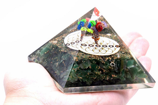Orgonite Pyramid - Green Acewnturine and Flower of Life held in a hand