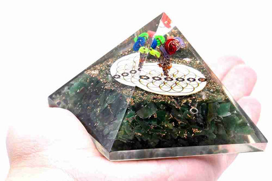 Orgonite Pyramid - Green Acewnturine and Flower of Life held in a hand