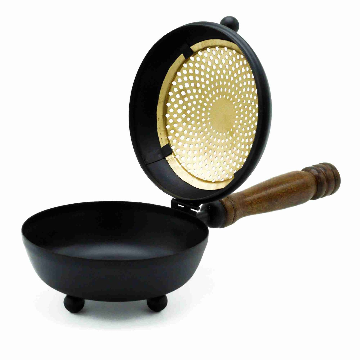 Large Iron Censer Incense Burner - Gold detail with lid lifted on a white background