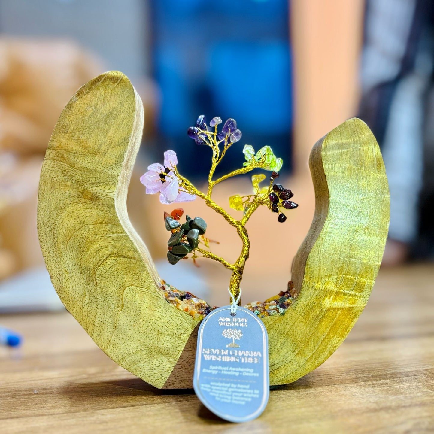 Seven chakra gemstone wire tree with 60 chipstones on wooden base - rainbow crystal gift