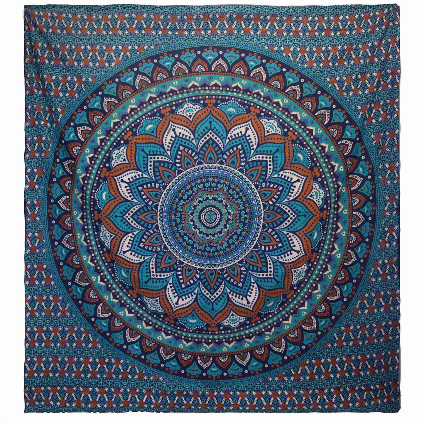 Double Cotton Bedspread / Wall Hanging - Classic Mandala - Turquoise on a white background