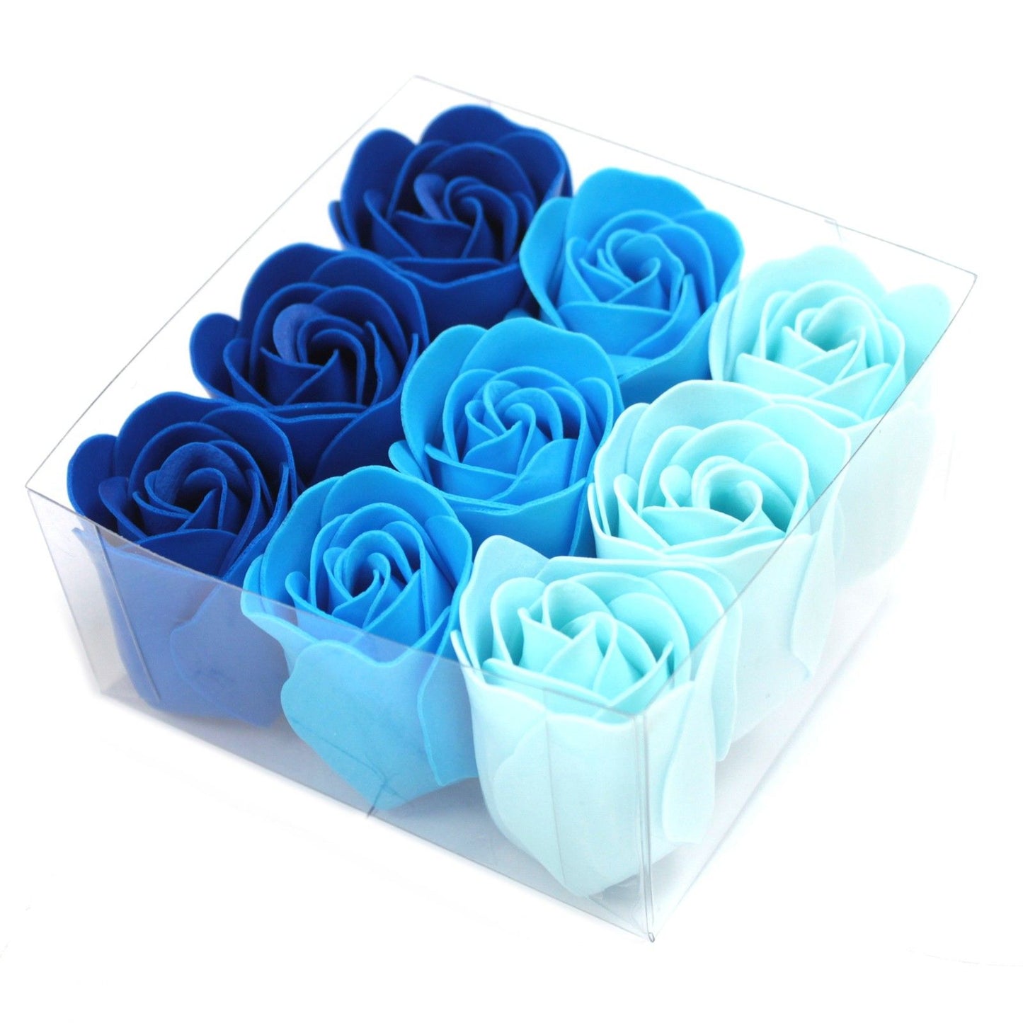 Clear gift box with 9 blue soap roses wrapped in a blue bow top view