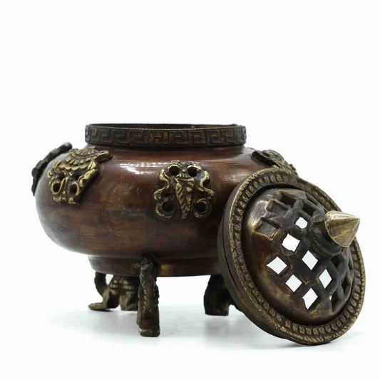 Brass Tibetan Incense Burner - Six Symbols Standing Pot with lid removed