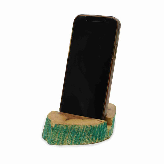 Phone on a wooden stand with a white background