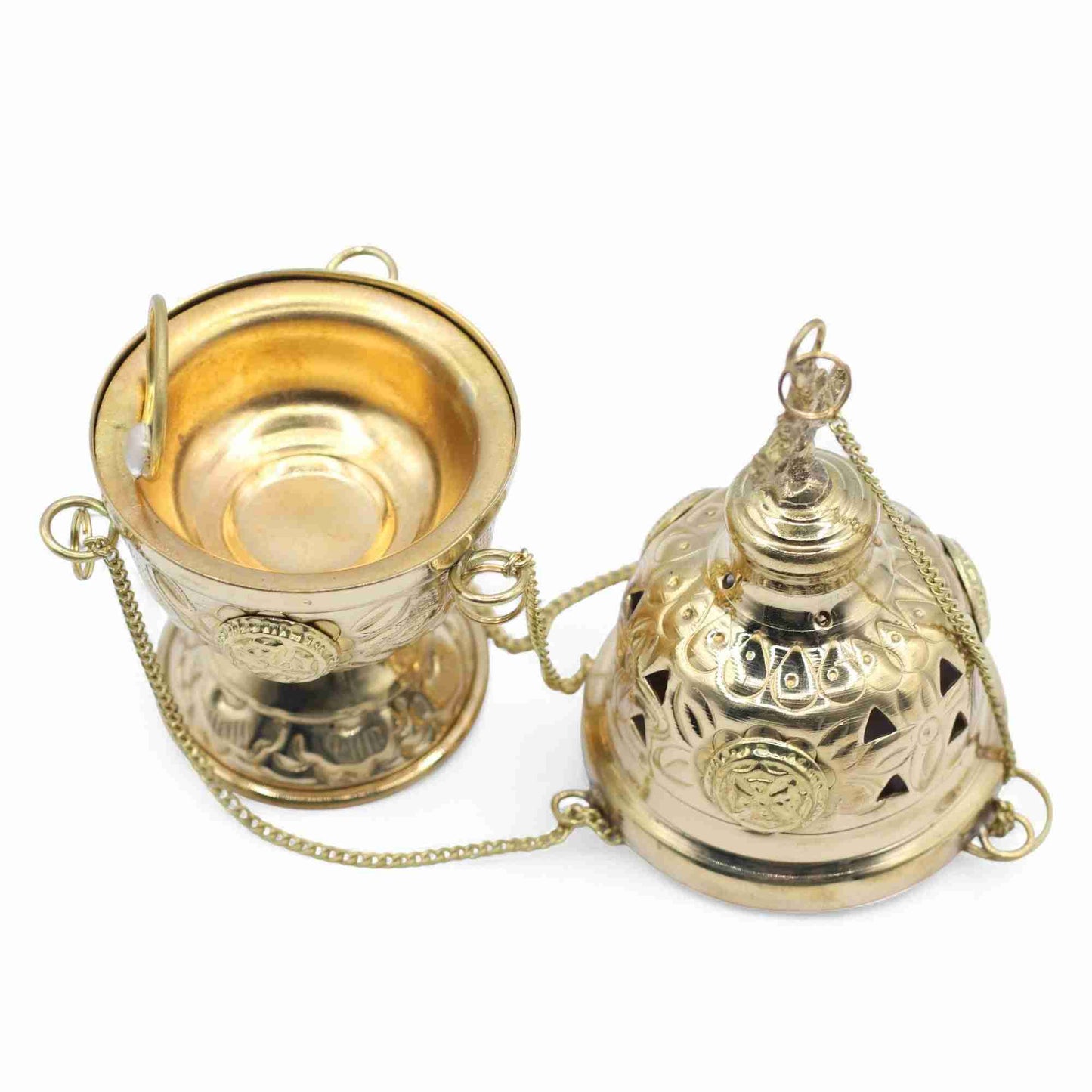 Hanging Brass Incense Burner - Cross Finial on a white background open view