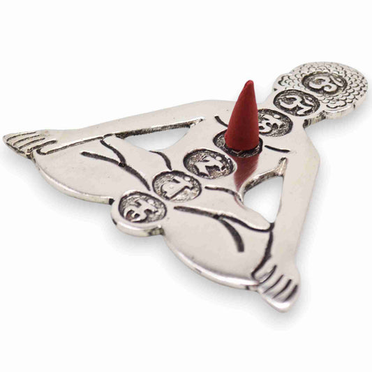 Polished Aluminum Seven Chakra Yoga Incense Holder with a red incense cone on a white background