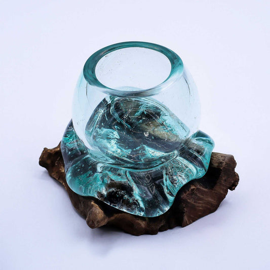 Molten Glass Mini Goldfish Bowl on Wood 20cm top view on a white background