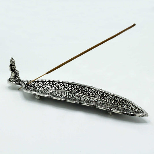 Polished Aluminium Buddha Long Shaped Incense Holder with a ingle incense stick