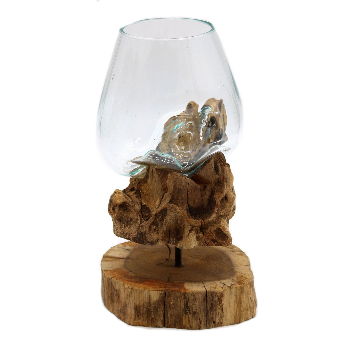 Handmade Recycled Glass Bowl on Wood Stand - Eco Decor
