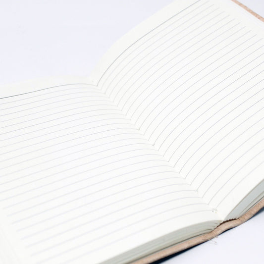 Close-up of a notebook with lined pages on a white background