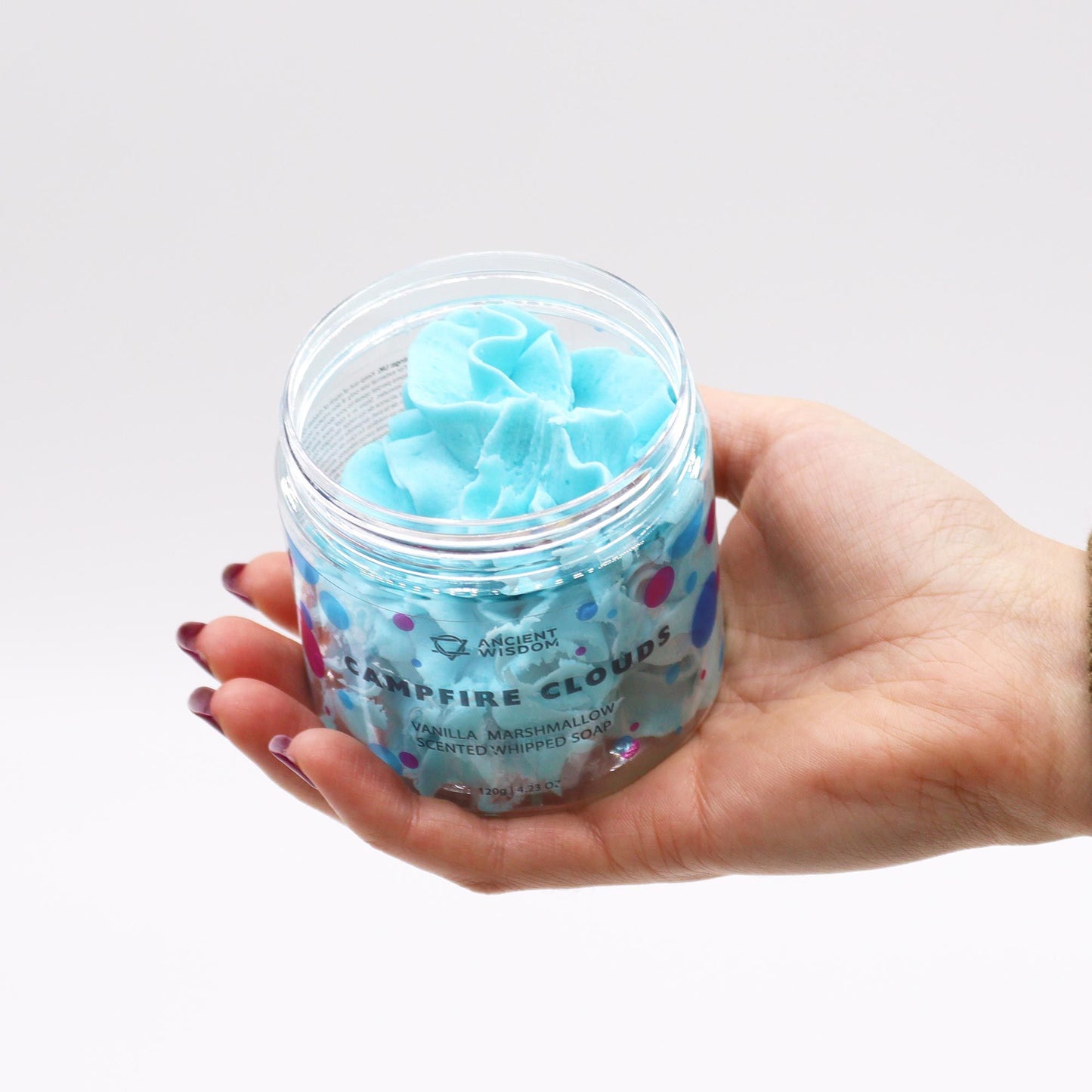 Hand holding a jar of Marshmallow Whipped Soap 120g