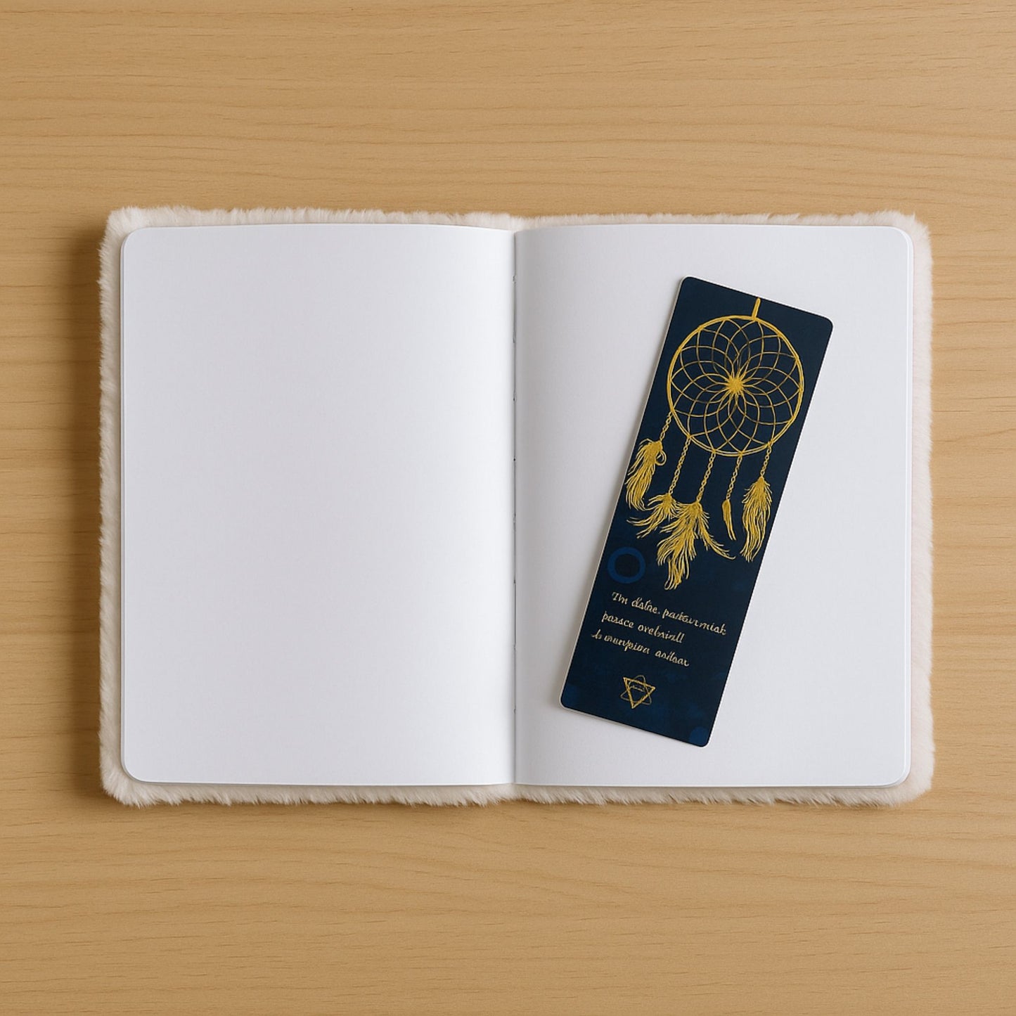 Open notebook with a dreamcatcher bookmark on a wooden surface