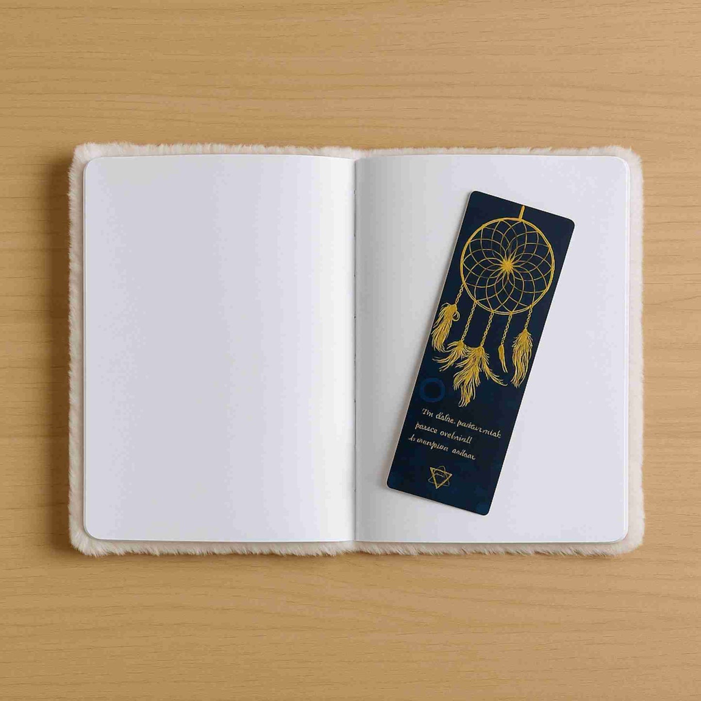 Open notebook with a dreamcatcher bookmark on a wooden surface