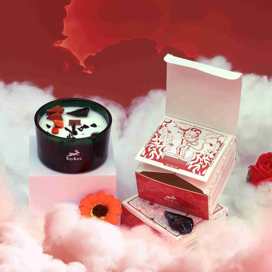 Hop Hare Crystal Magic Flower Candle - The Devil on a red and white background