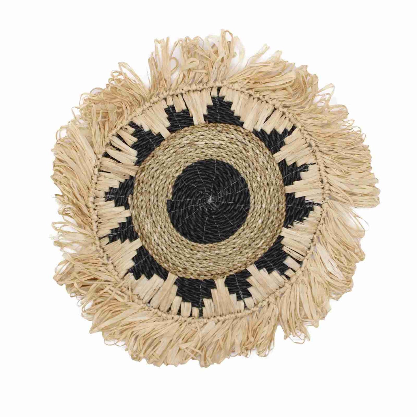 Woven Wall Art - Kribo Collection with black geometric pattern and frayed edges on a white background