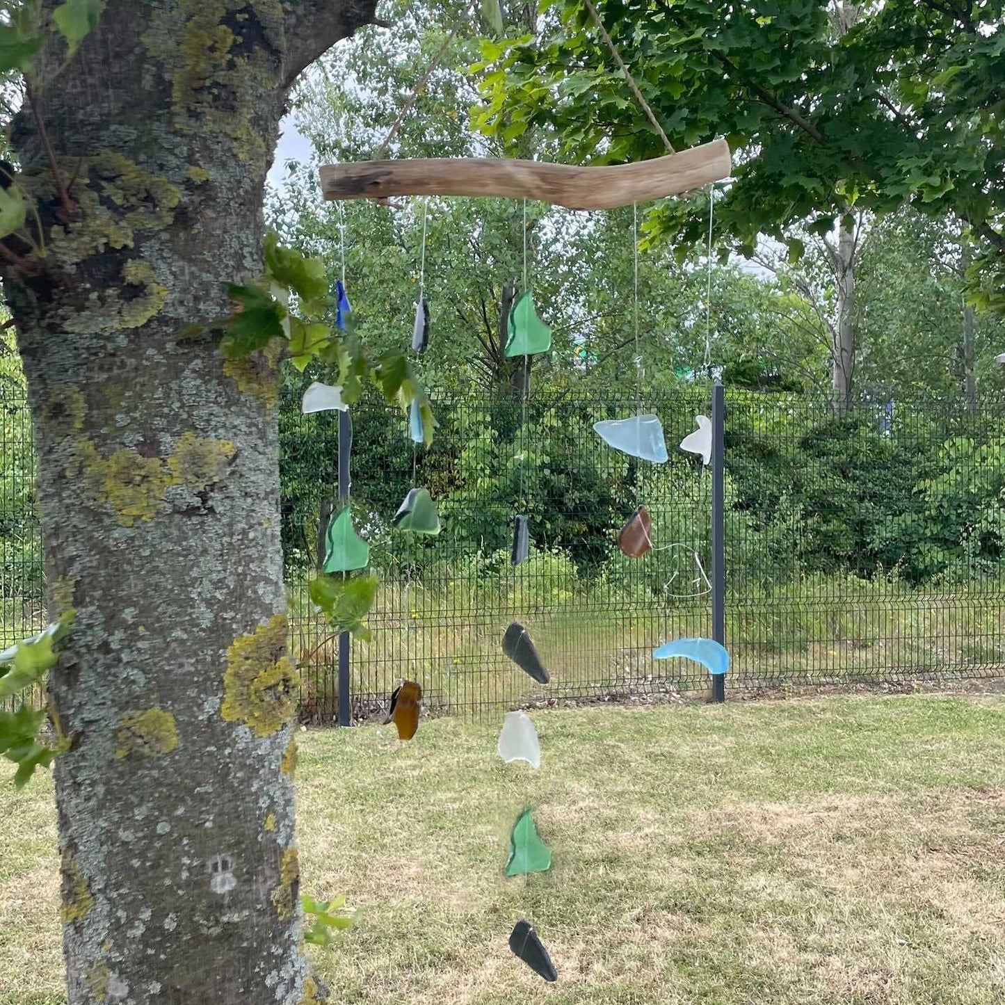 Recycled Glass Wind Chime Five Strings Multi hanging from a branch in a garden setting