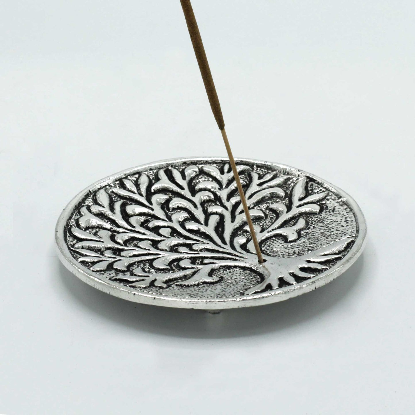 Polished Aluminium Tree of Life Incense Holder with a stick of incense