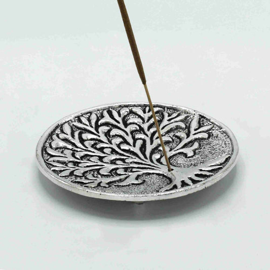 Polished Aluminium Tree of Life Incense Holder with a stick of incense