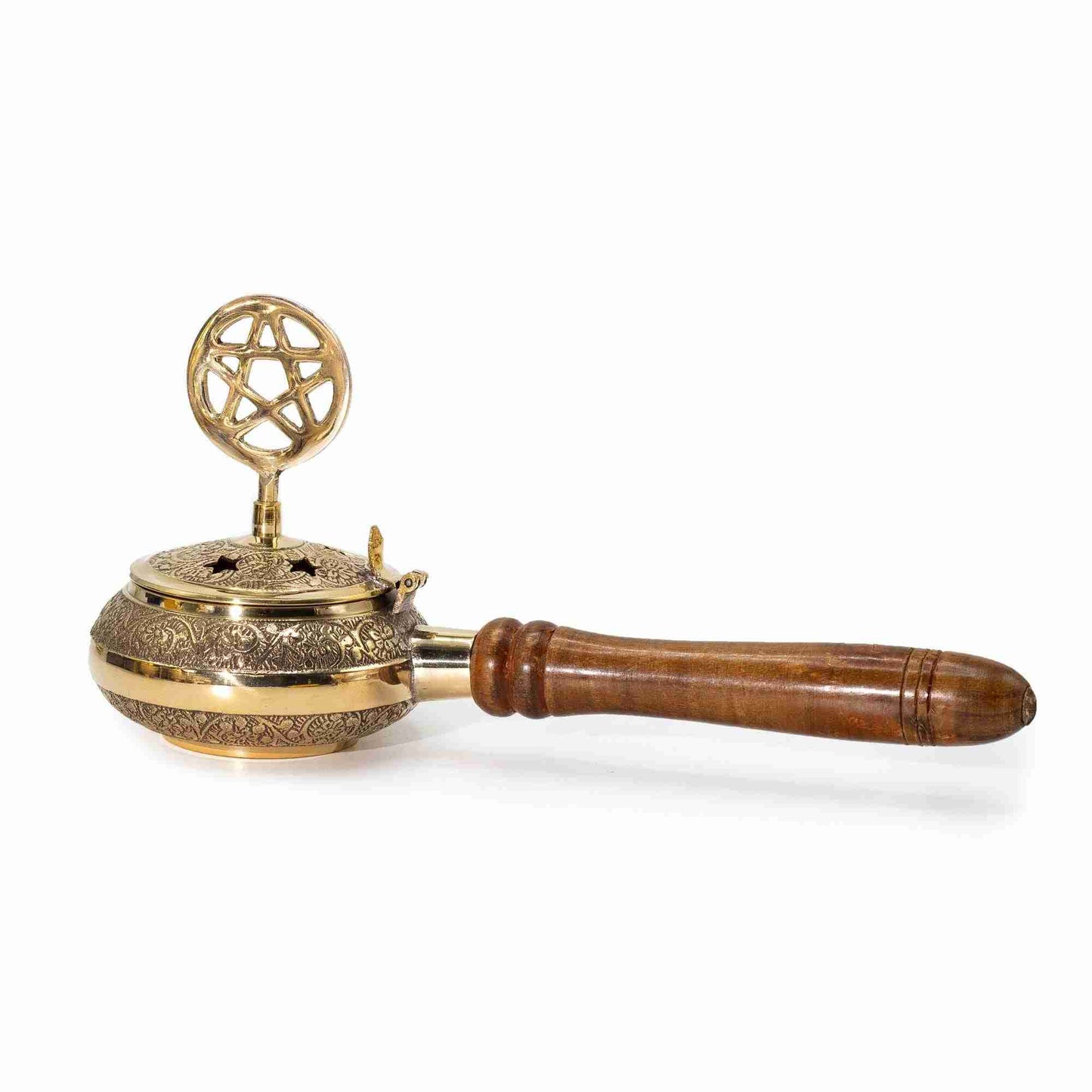Censer Incense Burner with Wooden Handle - Pentagram on a white background