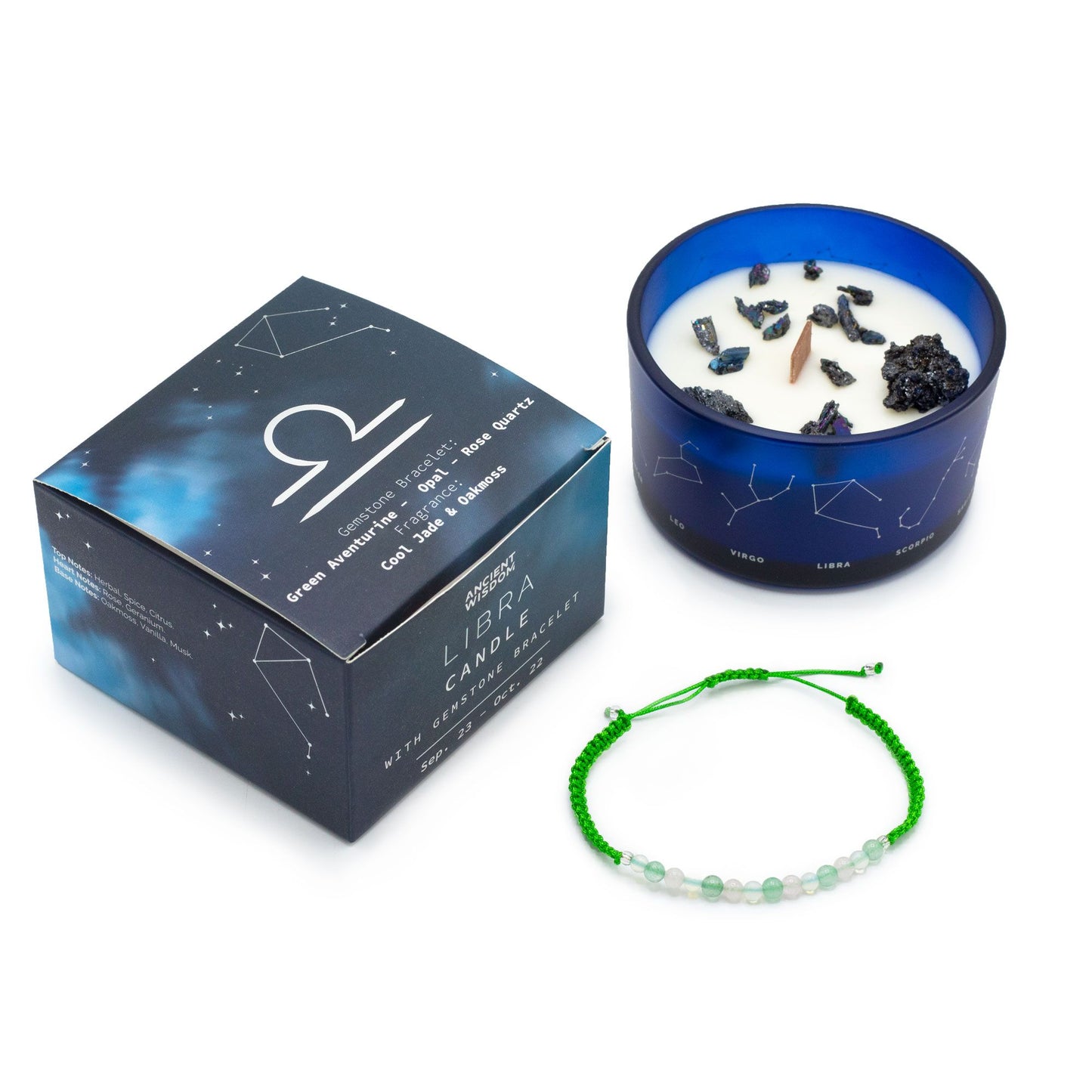 Zodiac Crystal Candle with Gemstone Bracelet - Libra on a white background