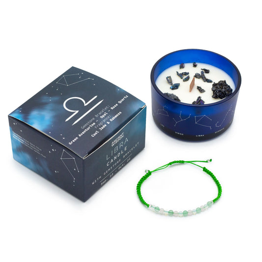 Zodiac Crystal Candle with Gemstone Bracelet - Libra on a white background