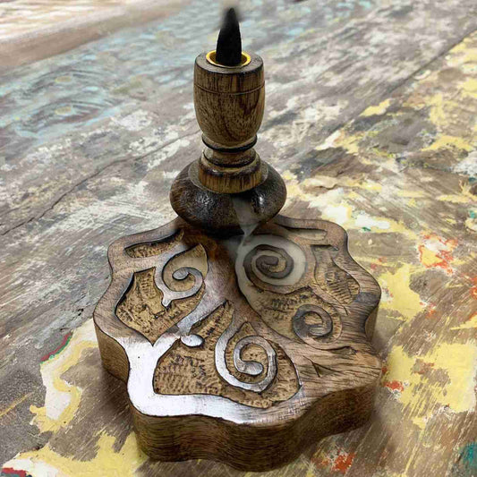 Small Mango Wood Backflow Burner - Tree of Life, working view of smoke